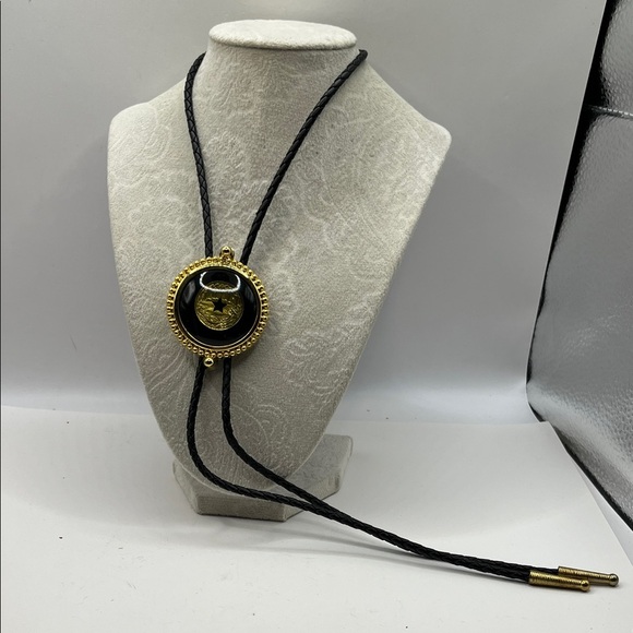 Black and Gold Bolo Tie with Circular Pendant with Star Center Black Braided - Picture 2 of 16